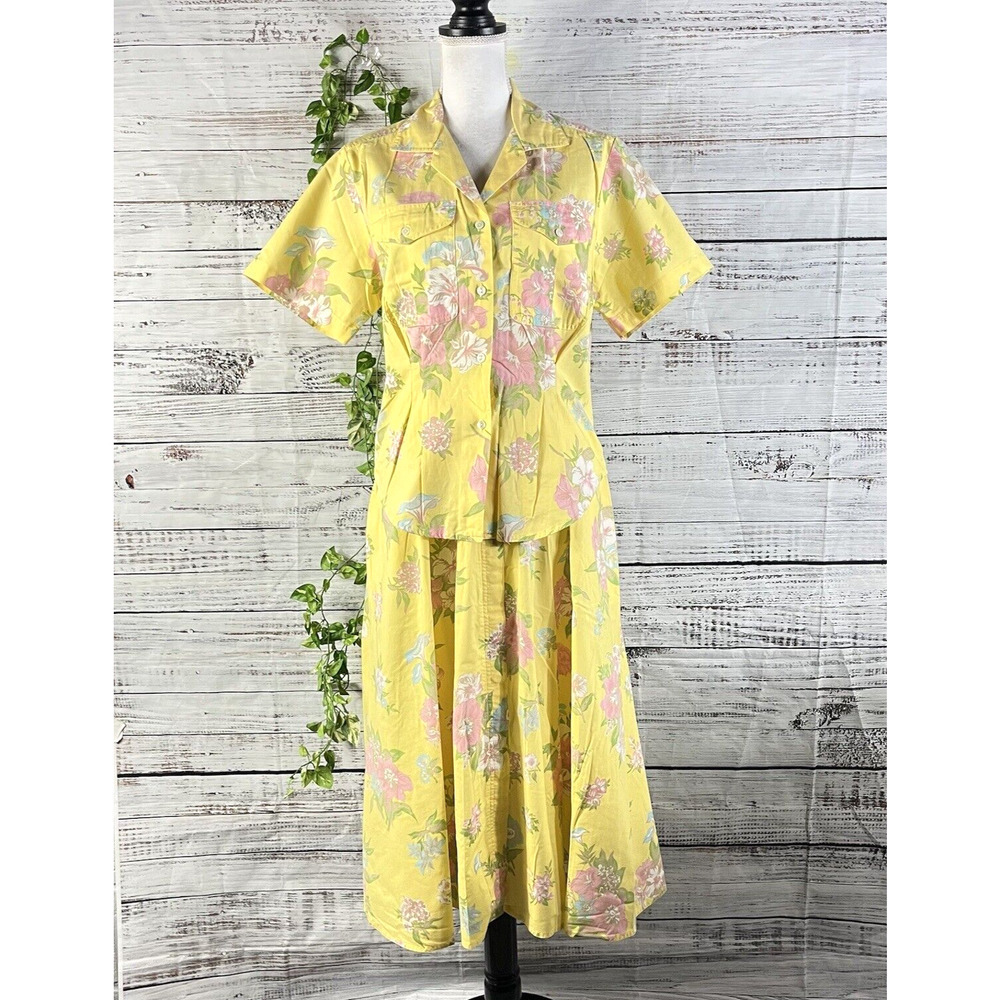 Vintage Chaus 2pc Blouse & Skirt Outfit Set sz 10 Yellow Pink Floral 80's Granny